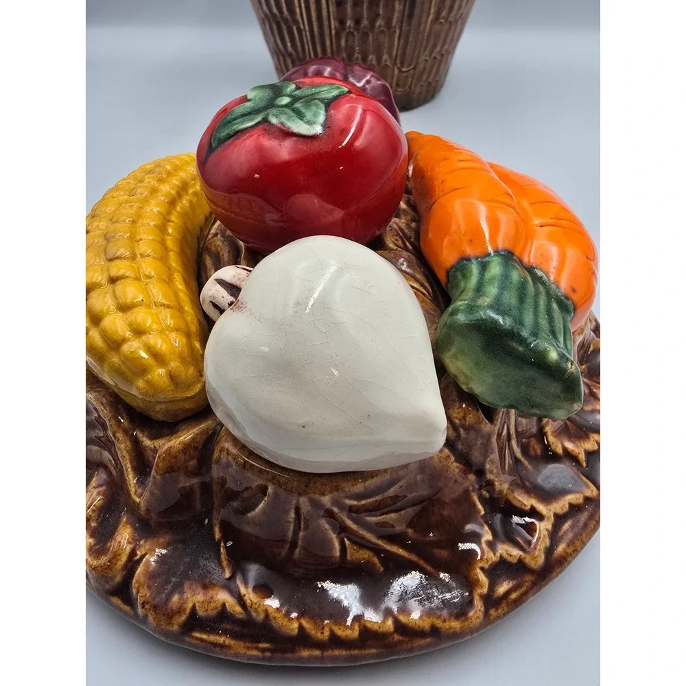 Vintage Vegetable Basket Cookie Jar Brown Ceramic Farmhouse Large Multicolor Exc